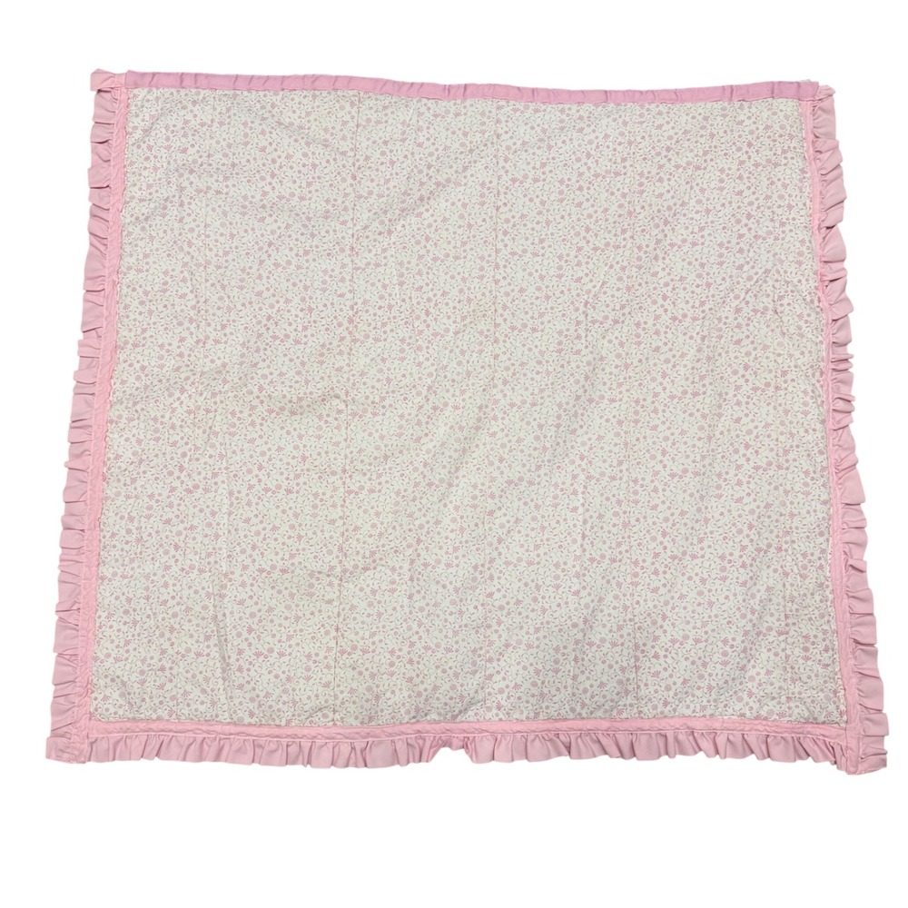 Vintage Pink Floral and White Eyelet Ruffle Trim Reversible Lap Blanket 32x32